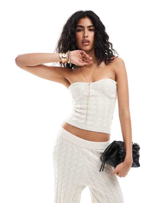 4th + Reckless - Top a fascia in maglia crema a trecce in coordinato