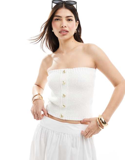 4th & Reckless - Top bandeau en maille côtelée avec boutons dorés - Blanc cassé