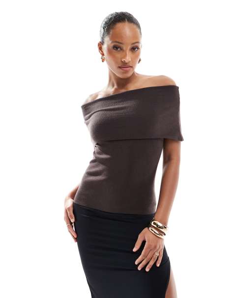 4th & Reckless - Top bandeau long en maille à large revers - Chocolat - view 1
