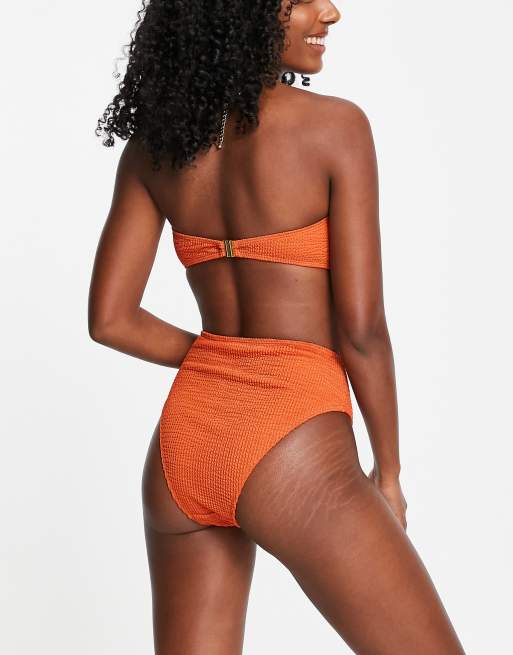 4th & Reckless - Top bikini a fascia in tessuto stropicciato arancione con anello a U, 2 di 4