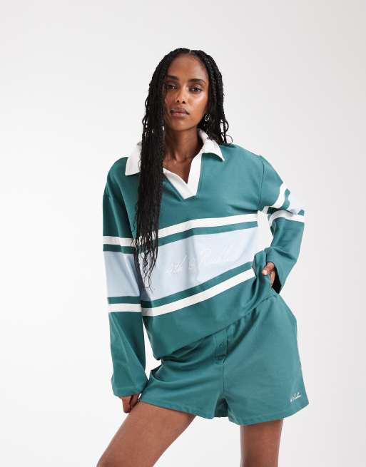 4th & Reckless - Coordinato in misto cotone verde con boxer e top stile rugby con colletto e pannello con logo sul davanti, 3 di 3