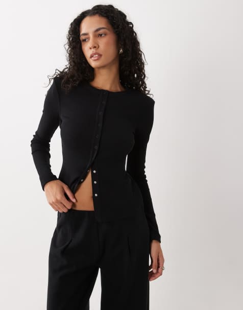 4th & Reckless top coordinato nero a coste con spalline imbottite e chiusura a bottoni a pressione - view 1