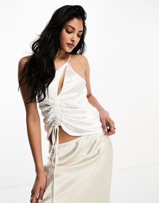 4th & Reckless satin cut out detail one shoulder ruched top in white - ASOS Price Checker