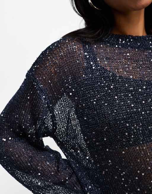 4th & Reckless - Top in maglia trasparente con paillettes blu navy