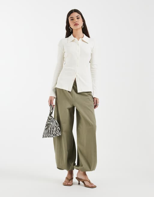 4th & Reckless - Top in misto cotone a coste color crema con colletto e bottoni in coordinato, 2 di 4