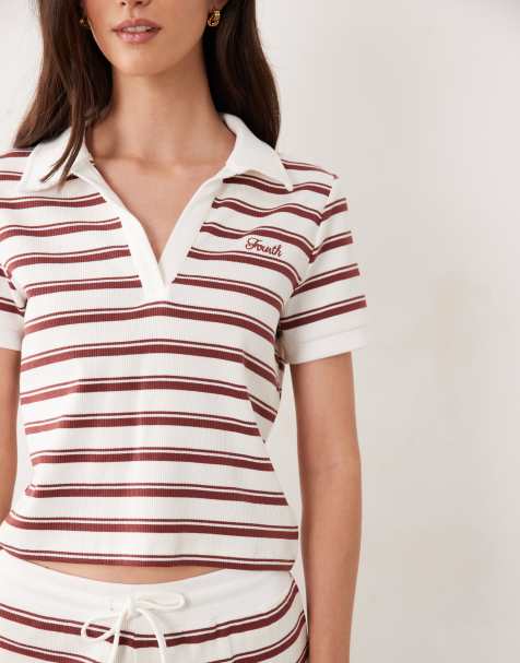 4th & Reckless - top polo de conjunto acanalado con logo frontal y cuello en raya crema y óxido - view 1