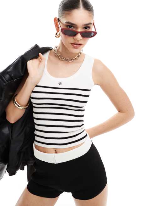 4th & Reckless - Top premium senza maniche bianco a righe in maglia con bordi a contrasto e logo ricamato