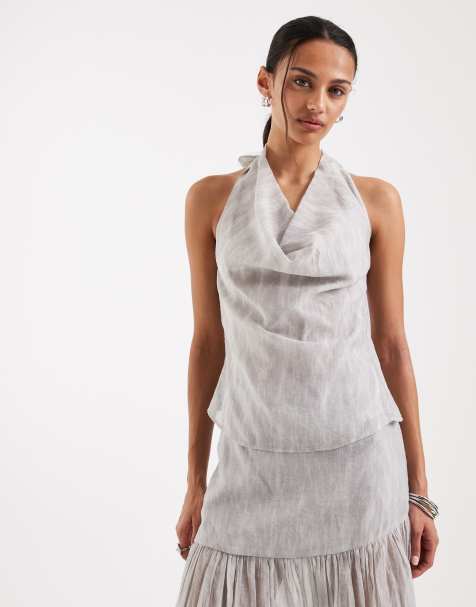 4th & Reckless - Top van chiffon met gedrapeerde halslijn en halternek in blauwe print, deel van co-ord set - view 1