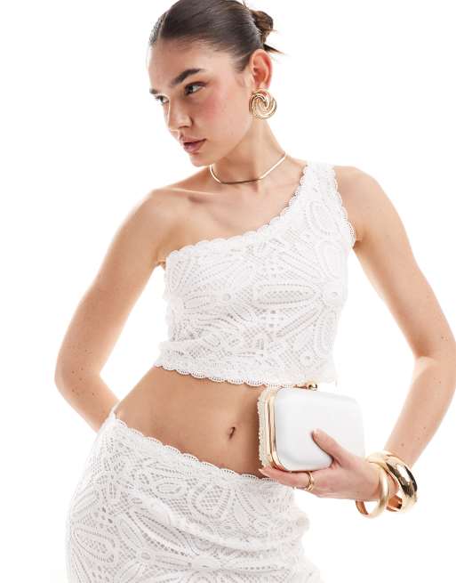4th & Reckless - Top van kant met broderie met blote schouder in wit, deel van co-ord set