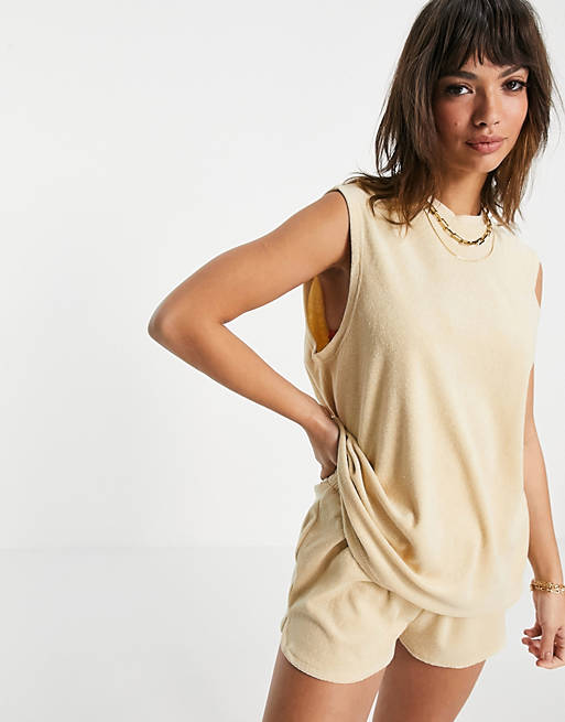 Tops 4th & Reckless towelled t-shirt co-ord in camel 