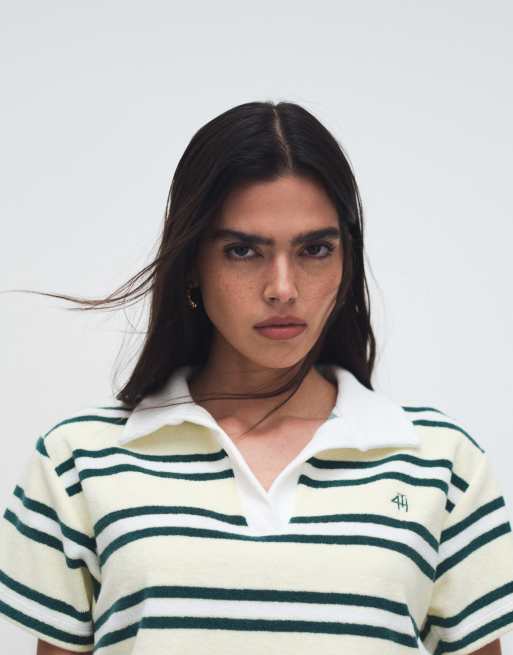 4th & Reckless towelling collared polo top co-ord in yellow stripe, 2 of 7