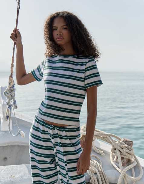 4th & Reckless towelling embroidered logo baby tee co-ord in baby blue stripe - view 1