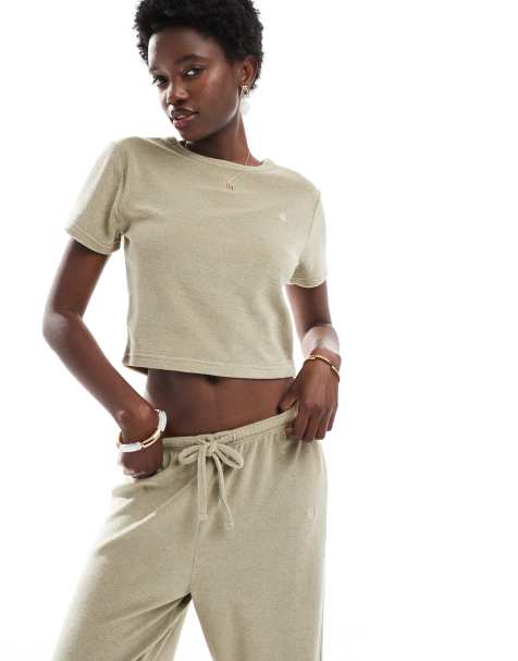 4th & Reckless towelling embroidered logo t-shirt co-ord in pistachio green - view 1