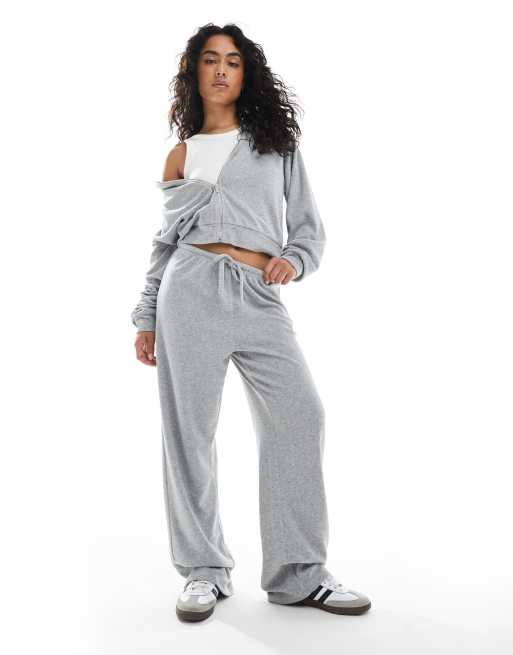 4th & Reckless towelling tie waist wide leg pants in grey marl (part of a set)