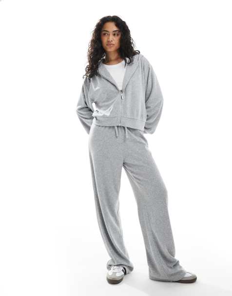4th & Reckless towelling zip-through hoodie and wide leg pants set in grey marl - view 1