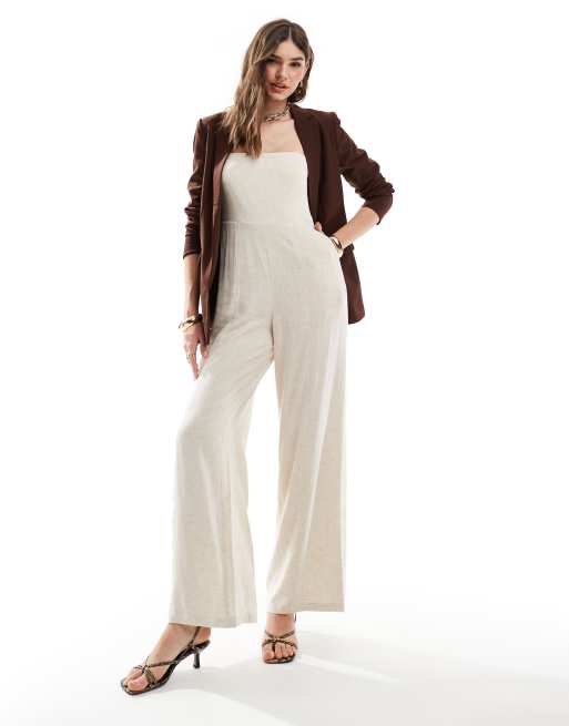 4th & Reckless – Trägerloser Leinenmix-Jumpsuit in Beige mit weitem Bein