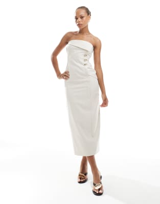 4th & Reckless - Trägerloses Maxikleid aus Leinenmix in Beige mit umgeschlagenem Dekolleté und goldfarbenem Knopfdetail-...
