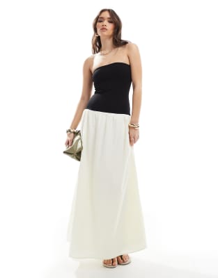4th & Reckless - Trägerloses Maxikleid mit tief angesetzter Taille und Kontrast-Design in Schwarz und Cremeweiß
