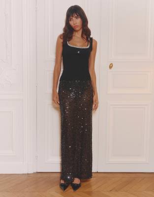 4th & Reckless - Transparenter Pailletten-Maxirock in Schwarz