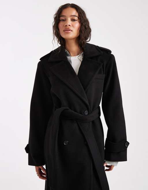 4th + Reckless - Trench elegante doppiopetto midi con cintura nero effetto lana, 3 di 4