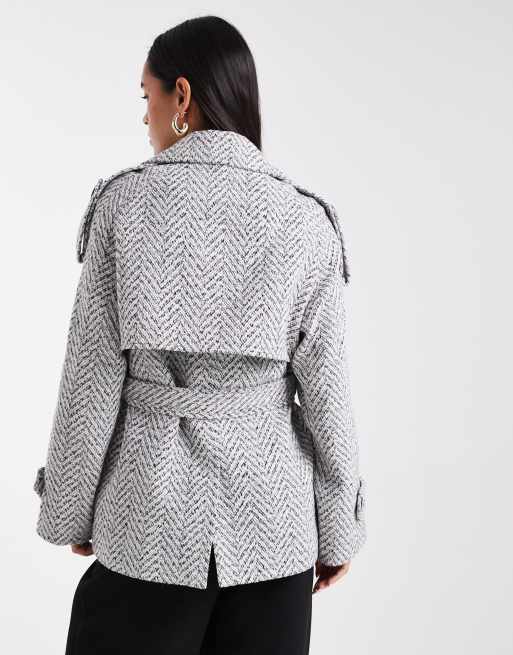 4th & Reckless - Trench grigio in tweed effetto lana con maniche ampie e cintura, 4 di 4