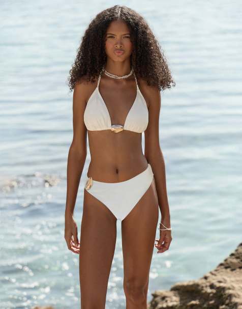 4th & Reckless triangle shell hardware detail bikini top and bottoms set in off white - view 1