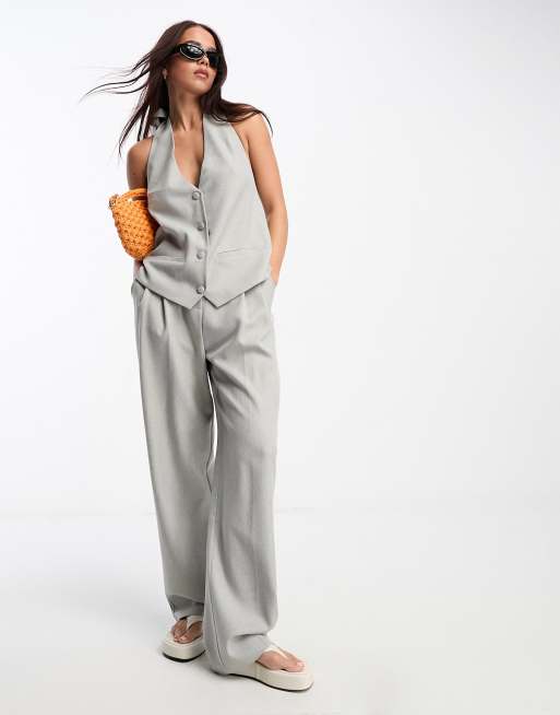 ASOS EDITION textured linen mix wide leg trouser in stone