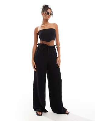 tulum draw string wide leg beach pants in black -set