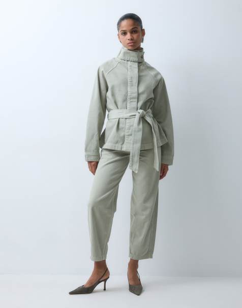 4th & Reckless twill denim funnel neck tie waist detail jacket and jeans in green - view 1