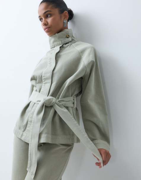 4th & Reckless twill denim funnel neck tie waist detail jacket in green - part of a set - view 1