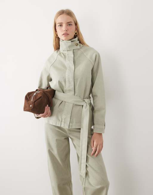 4th & Reckless twill denim funnel neck tie waist detail jacket and jeans in green, 3 of 3