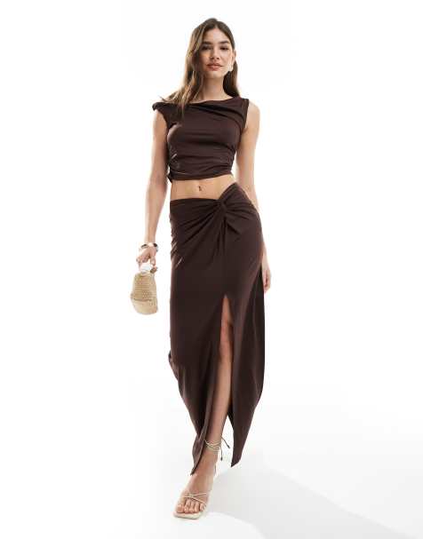 4th & Reckless twist detail thigh split maxi skirt co-ord in brown - view 1
