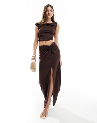 4th & Reckless Twist Detail Thigh Split Maxi Skirt In Brown - Part Of A Set