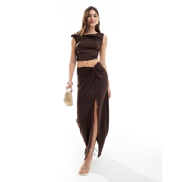 【in a row】Tori slit long skirt 4th & Reckless twist detail thigh split maxi skirt in brown