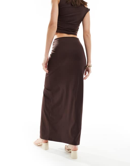 4th & Reckless twist detail thigh split maxi skirt in brown