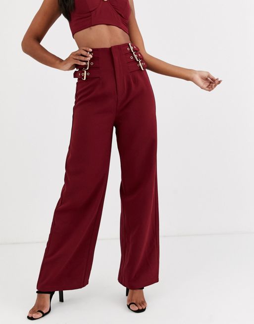 Wide Leg Trousers, Ladies Wine Red High Waist Trousers Double