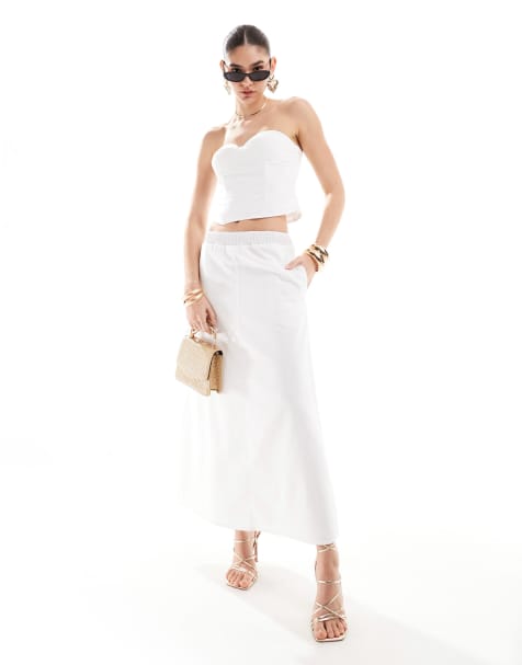 4th & Reckless - Uitlopende maxirok met linnenlook en gesmokte taille in wit, deel van co-ord set - view 1