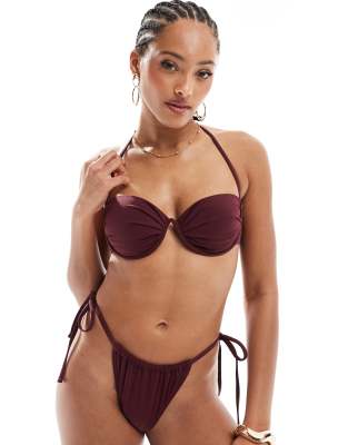 underwire halter bikini top in burgundy - part of a set-Red