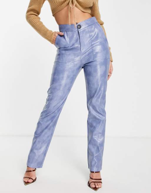 4th & Reckless v front leather look trousers in blue croc, 3 of 4