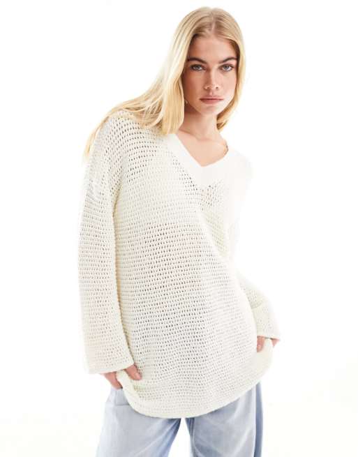 4th Reckless v neck lightweight open knit jumper in cream