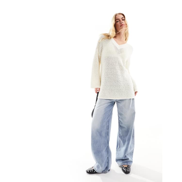 4th & Reckless v neck lightweight open knit sweater in cream