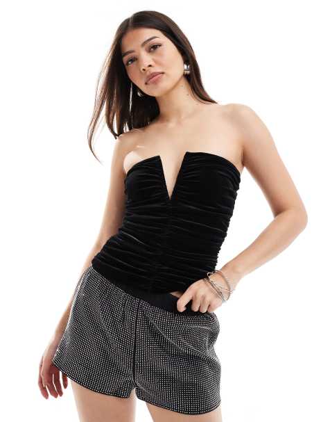4th & Reckless velvet bandeau notch detail corset top in black - view 1
