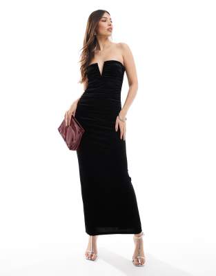 velvet bandeau notch detail ruched maxi dress in black