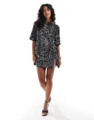 velvet sequin mini T-shirt dress with open back in black