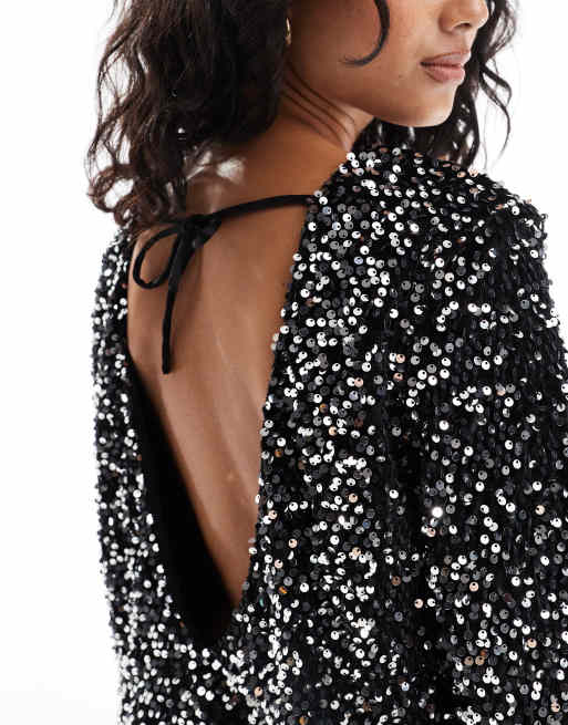 4th Reckless velvet sequin mini t-shirt dress with open back in black