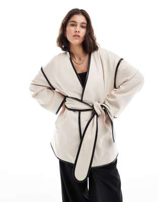 4th & Reckless - Veste en laine mélangée avec ceinture et bords contrastants - Crème-Blanc