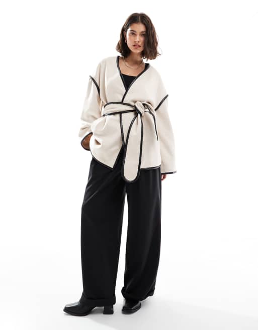 4th & Reckless - Veste en laine mélangée avec ceinture et bords contrastants - Crème, 4 de 4