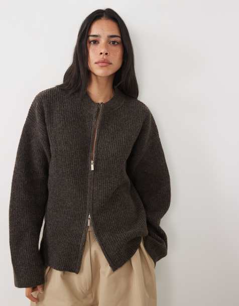 4th & Reckless veste en maille côtelée à col montant et double zip couleur chocolat - view 1