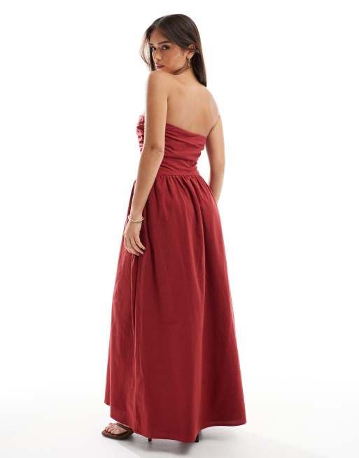 4th & Reckless - Vestito lungo a fascia in cotone color ruggine con arricciature, 4 di 4