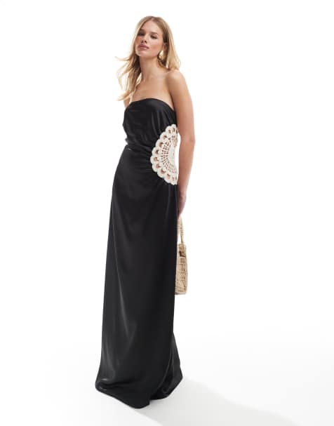 4th & Reckless - Vestito lungo a fascia in raso nero con inserto all'uncinetto - view 1